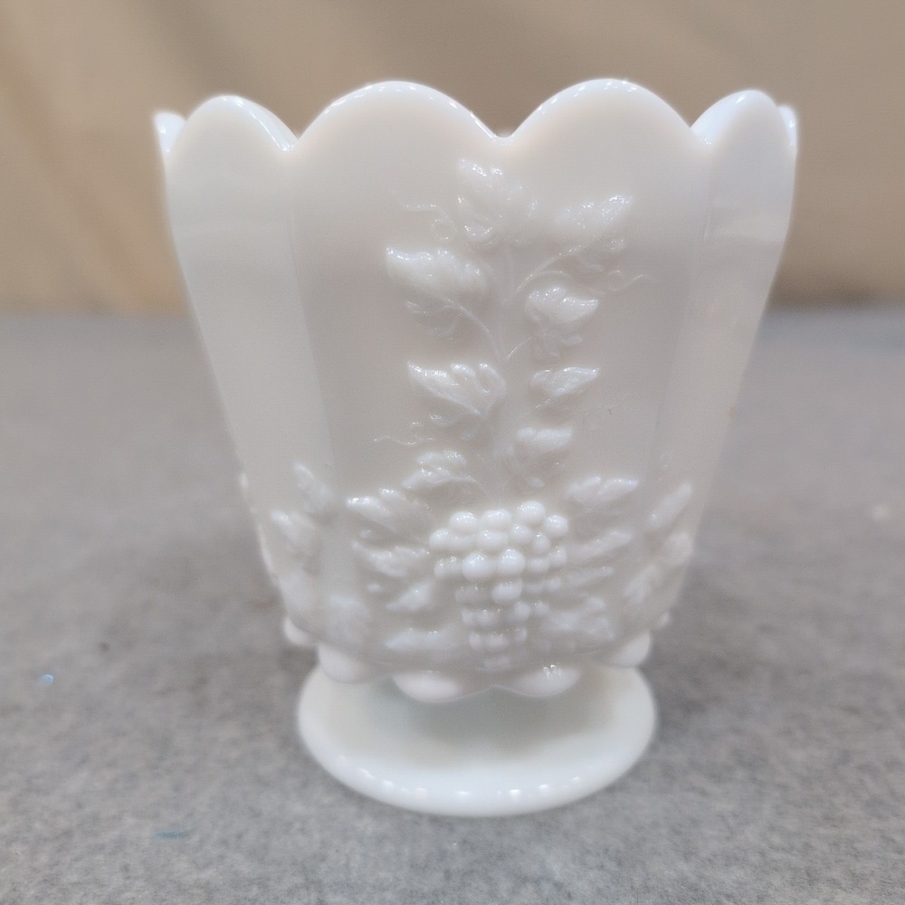 Vintage White Milk Glass Paneled Grape Footed Vase Scalloped Rim - Picture 1 of 7